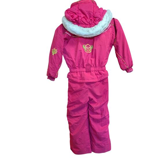 Obermeyer Toddler Girls One-Piece Snowsuit Size 5 – Pink Floral, Faux Fur Hood - Picture 3 of 5